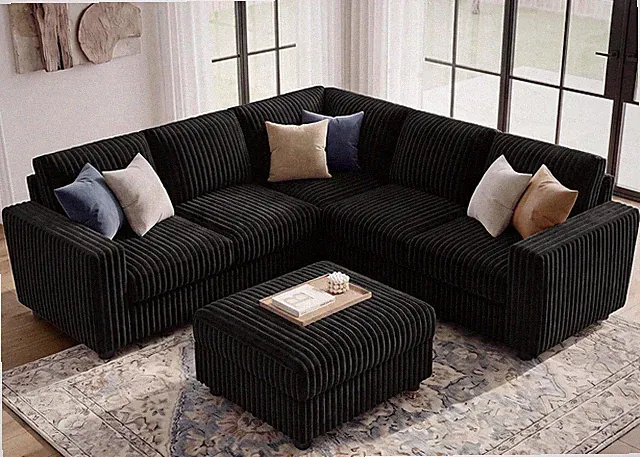 Corduroy Sectional Sofa with Ottoman, 6 Seat L Shaped Couch, Black