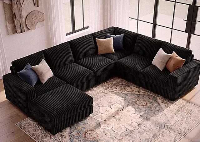 Corduroy Sectional Sofa with Ottoman, 7 Seat U Shaped Couch, Black