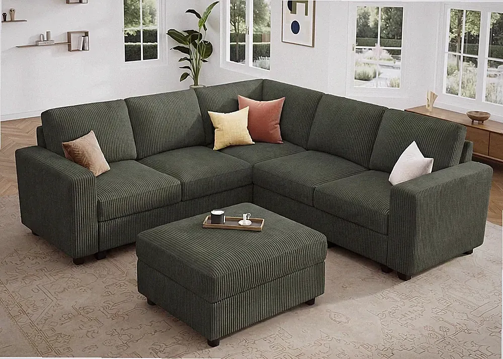 Corduroy Sectional Sofa with Storage Ottoman, 6 Seaters L Shaped Small Sectional