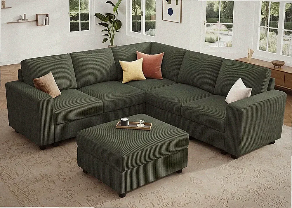 Corduroy Sectional Sofa with Storage Ottoman, 6 Seaters L Shaped Small Sectional