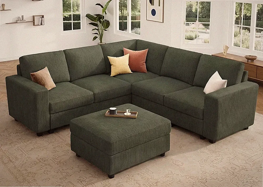 Corduroy Sectional Sofa with Storage Ottoman, 6 Seaters L Shaped Small Sectional