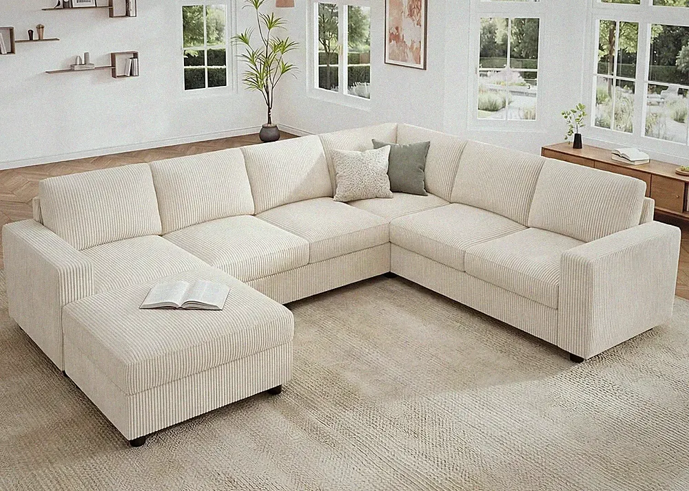 Corduroy Sectional Sofa with Storage, U Shape Sofa with Chaise, 7 Seater Section