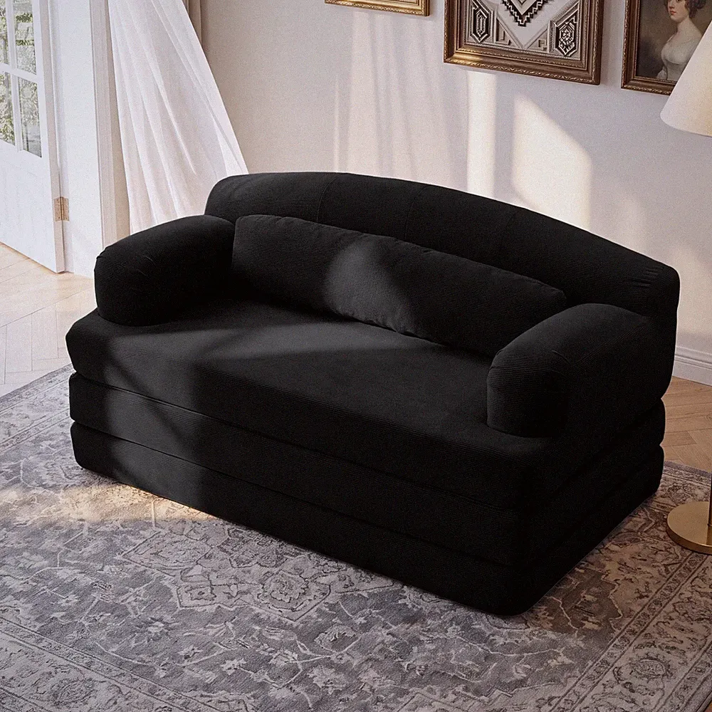 Corduroy Sleeper Sofa Bed - Foldable Loveseat Convertible Couch (Black)