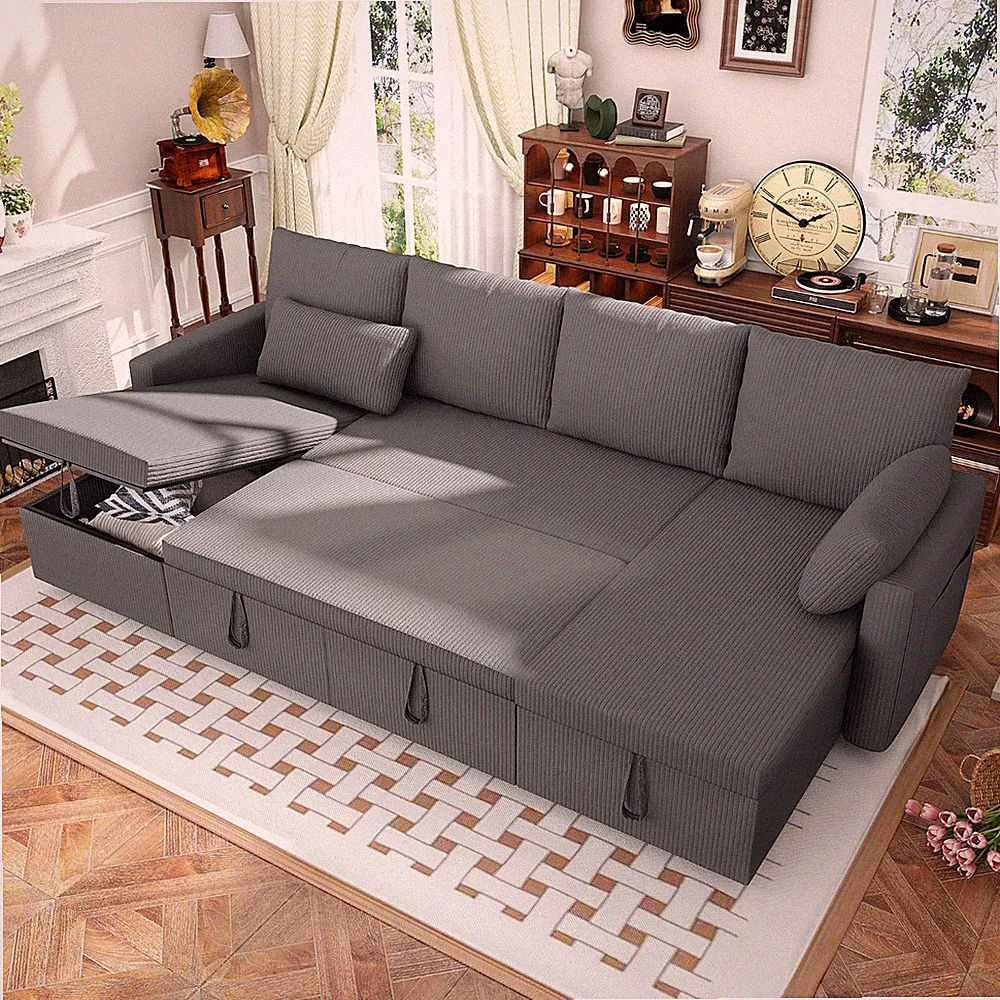 Corduroy Sleeper Sofa Bed,Pull Out Couch Bed with Storage Chaise