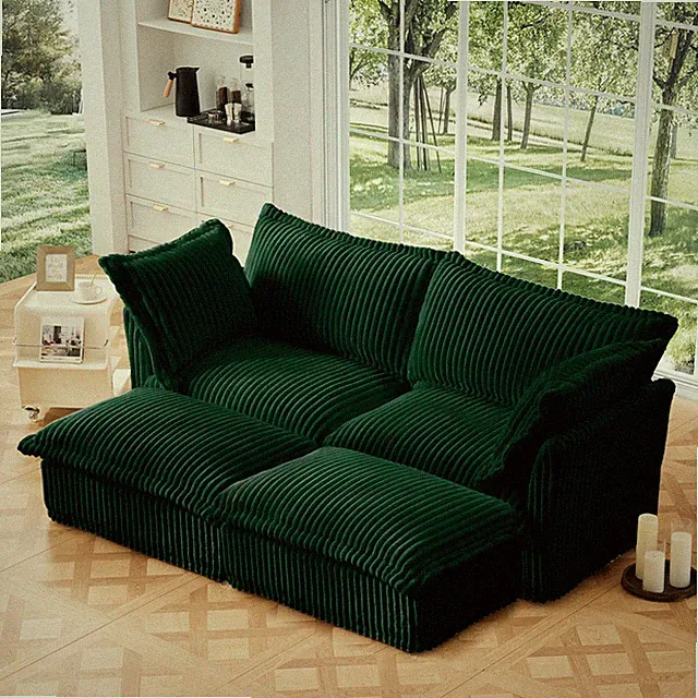 Corduroy Sofa, 2-Seater Sleeper Sofa Bed w/ 2 Ottomans, Green