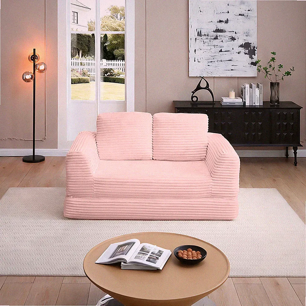Corduroy Sofa Bed, 2-in-1 Folding Futon Loveseat with Pillows, Pink