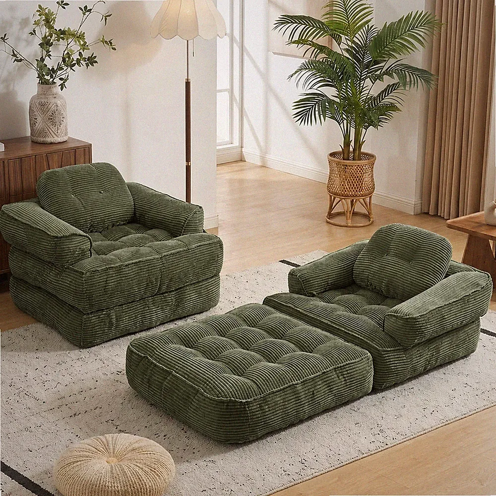 Corduroy Sofa Bed, 66.9" Folding Convertible Bed with Pillows, Dark Green