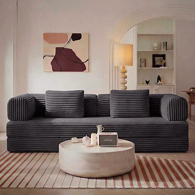 Corduroy Sofa Bed Convertible Floor Sleeper w/ Back Support Armrest, Gray