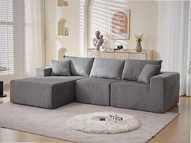 Corduroy Sofa Cloud Couch Compression Boneless Sofas w/ 5 Throw Pillows L Shaped