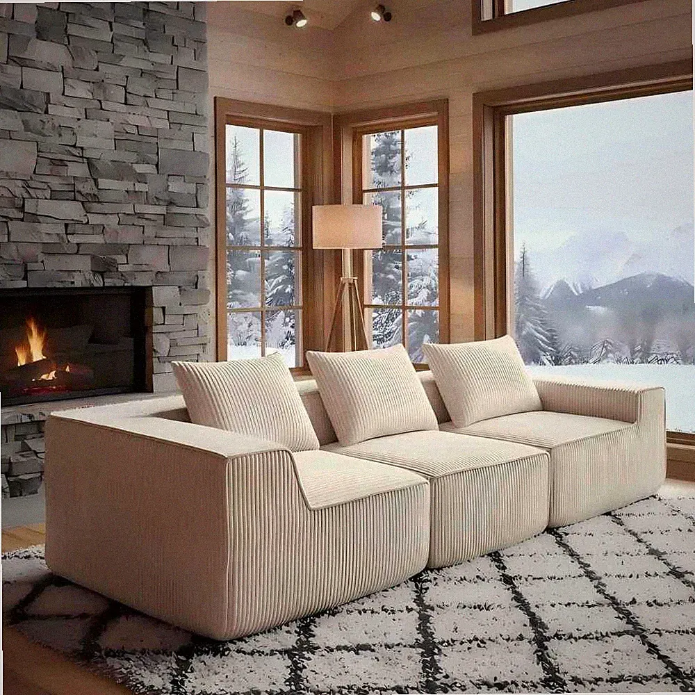 Corduroy Sofa Sectional 3-Seater Modular Deep Seating Couch Beige