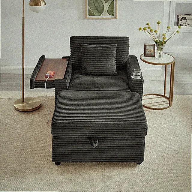 Corduroy Storage Ottoman Chaise Lounge Sofa with Table, Dark Gray