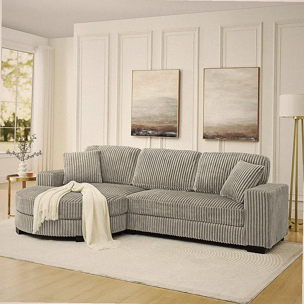 Corduroy Tufted Upholstered Sleeper Sectional Sofa L-Shaped Modular Gray