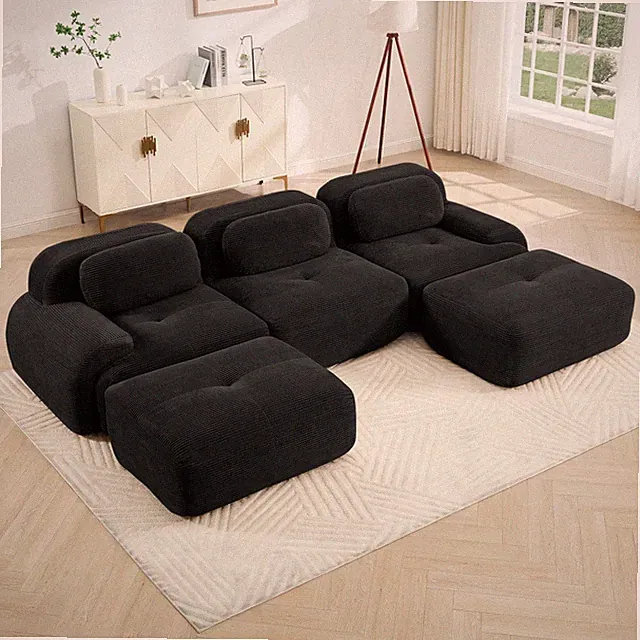 Corduroy U-Shaped Sectional Sofa, No Assembly Required, Ergonomic Black