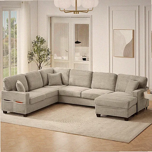 Corduroy U-Shaped Sectional Sofa w/ Movable Ottoman, Side Storage Pockets, Taupe