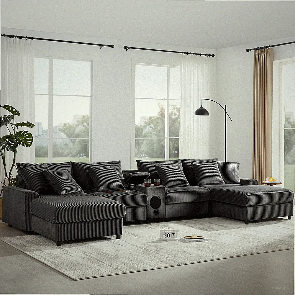 Corduroy U-Shaped Sectional Sofa with Bluetooth Speakers, USB Charger, Ottoman