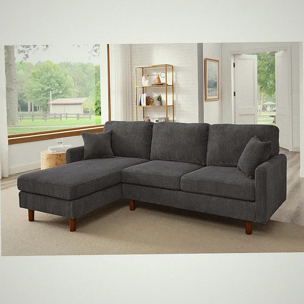 Corduroy Upholstered 3-Seat Sectional Sofa, Dark Gray, 92.5"L x 58"W x 35"H