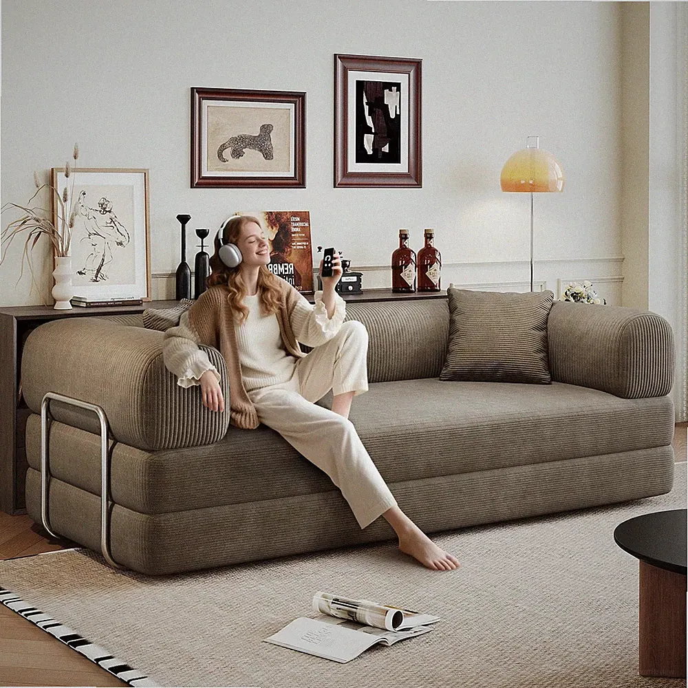 Corduroy Upholstered Modular Boneless Couch Convertible Sleeper Sofa Bed