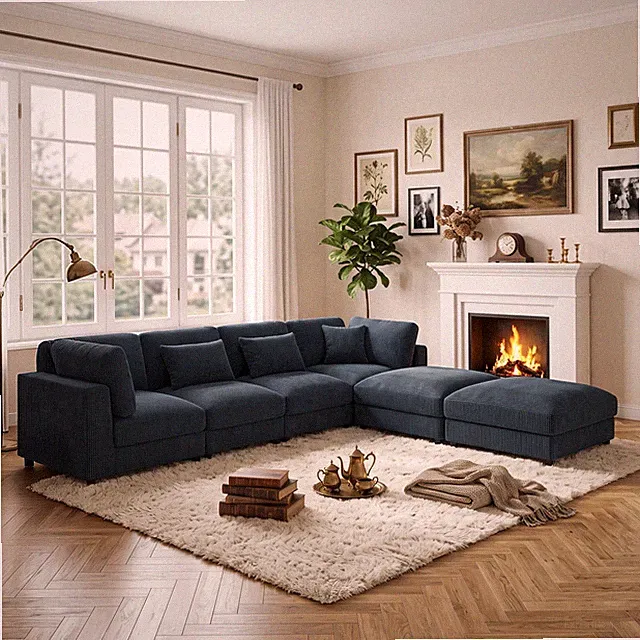 Corduroy Upholstered Modular Sectional Sofa, Dark Blue, 144" L