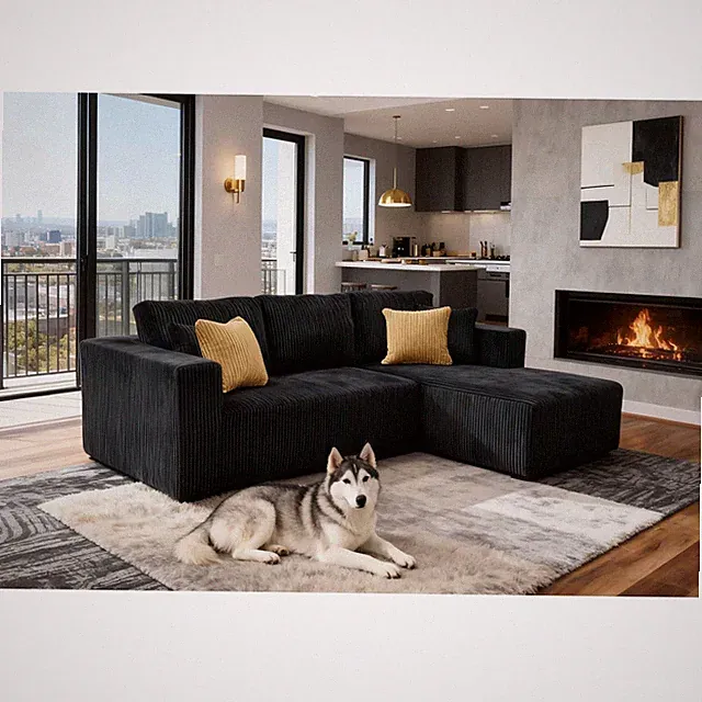 Corduroy Upholstered Sectional Sofa, 102"L x 64"W, No Assembly Needed