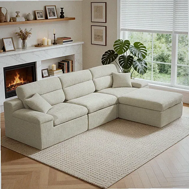 Corner Chaise Sofa w/High Backrest,L-Shaped Couch w/Slub Chenille Fabric,Compr