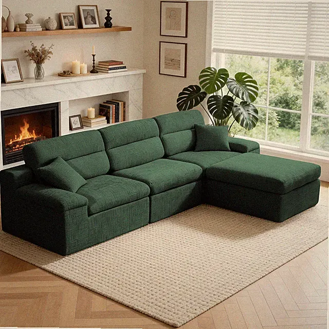 Corner Chaise Sofa w/High Backrest,L-Shaped Couch w/Slub Chenille Fabric,Compre