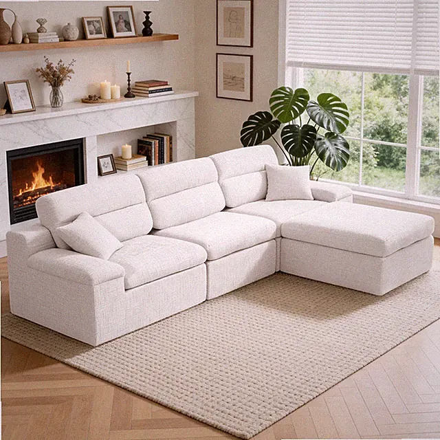 Corner Chaise Sofa w/High Backrest,L-Shaped Couch w/Slub Chenille Fabric,Compres