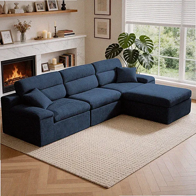 Corner Chaise Sofa with High Backrest,L-Shaped Couch with Slub Chenille Fabr