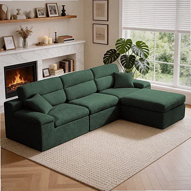 Corner Chaise Sofa with High Backrest,L-Shaped Couch with Slub Chenille Fabri