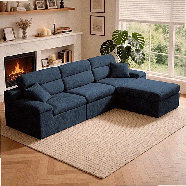 Corner Chaise Sofa with High Backrest,L-Shaped Couch with Slub Chenille Fabric