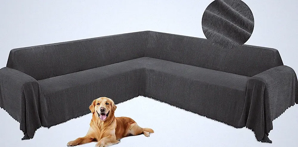 Corner Sectional Couch Covers for Dogs L Shape Sofa Cover with Tassel Chenille