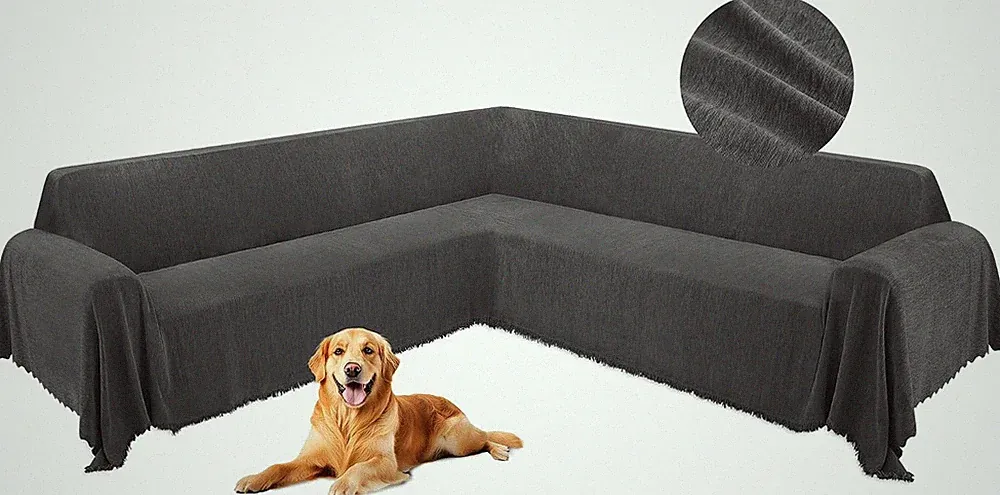 Corner Sectional Couch Covers for Dogs L Shape Sofa Cover with Tassel Chenille