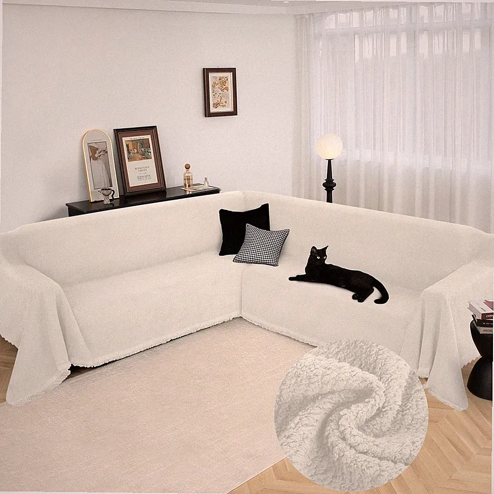 Corner Sectional Couch Covers L Shape Plush Sofa Cover with Tassel Thick Soft Co