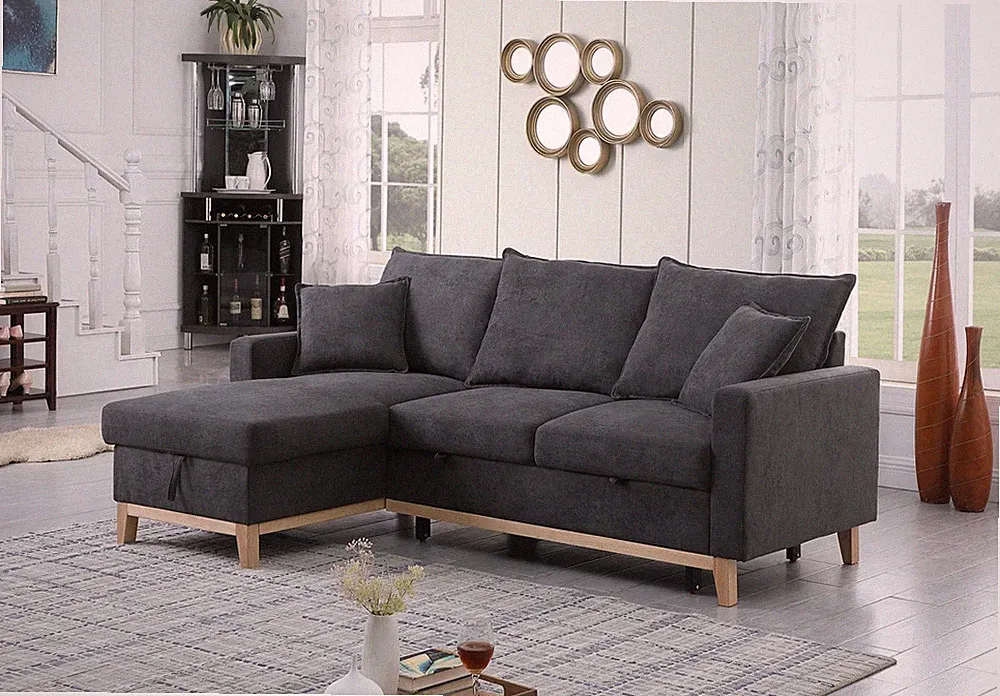 Cosimo 84.25"W Dark Gray Woven Reversible Sleeper Sectional Sofa with Storage Ch