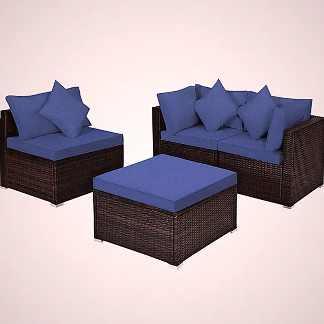 Costway 4PCS Patio Rattan Furniture Set Sofa Ottoman Cushion Garden Deck Navy