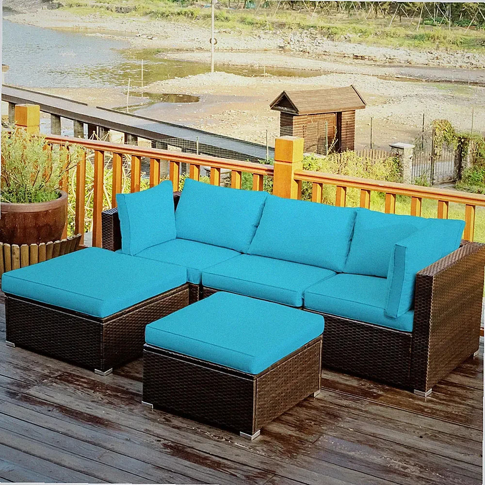 Costway 5PCS Patio Rattan Sectional Conversation Set Ottoman Turquoise - 5-Piece
