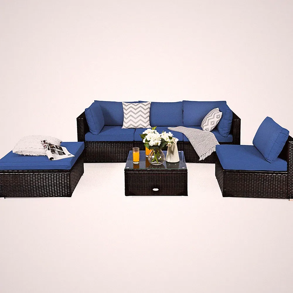 Costway 6PCS Outdoor Patio Rattan Furniture Set Cushioned Sectional Sofa Navy