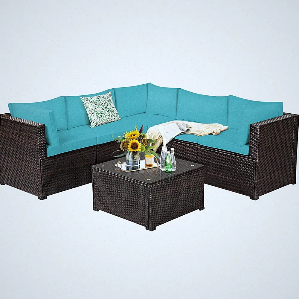 Costway 6PCS Patio Rattan Furniture Set Sectional Cushioned Sofa Deck Turquoise