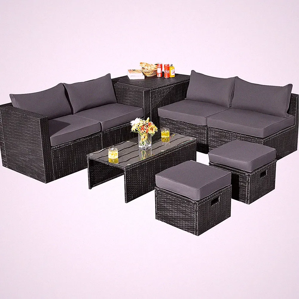 Costway 8PCS Patio Rattan Furniture Set Storage Table Ottoman Grey