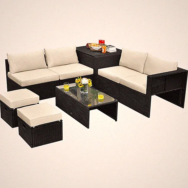 Costway 8PCS Patio Rattan Furniture Set Storage Table Ottoman Off White