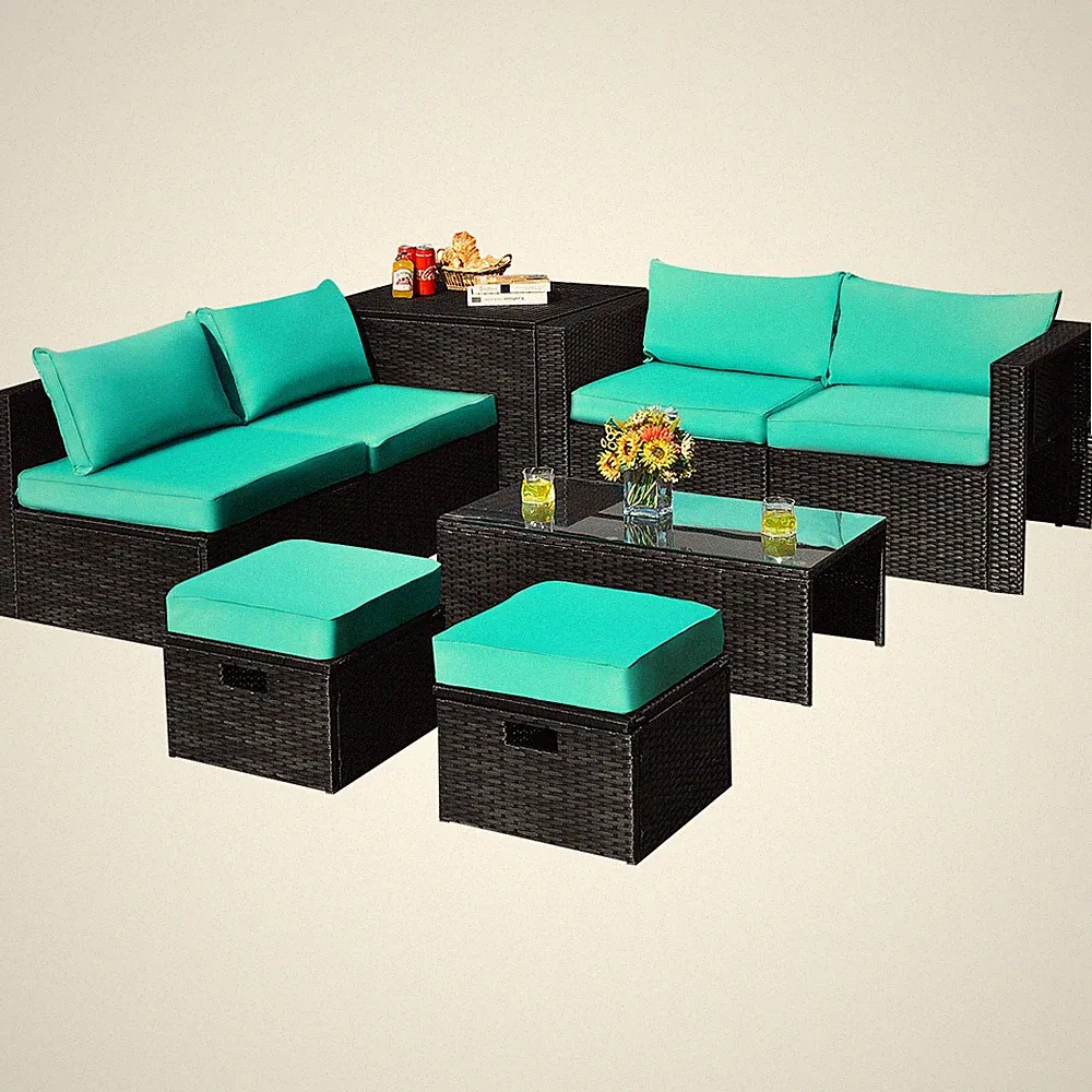 Costway 8PCS Patio Rattan Furniture Set Storage Table Ottoman Turquoise