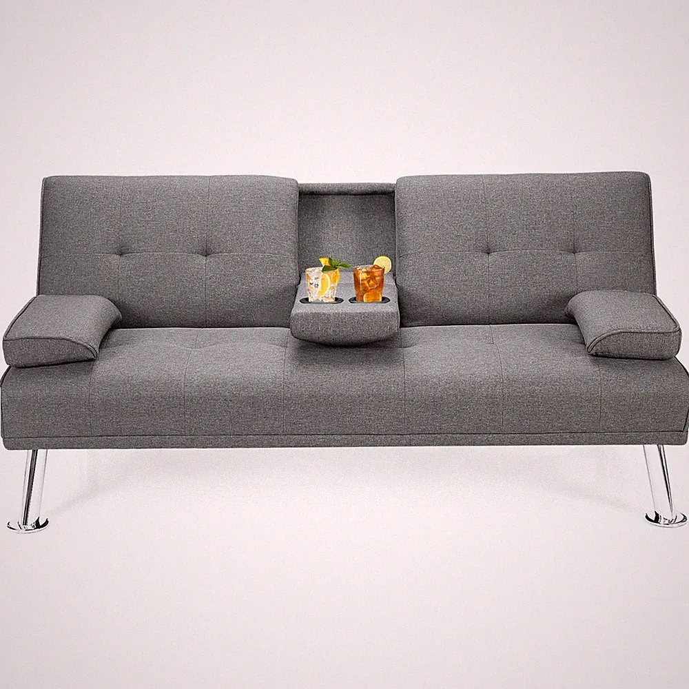 Costway Convertible Folding Futon Sofa Bed Fabric w/2 Cup Holders Light Gray