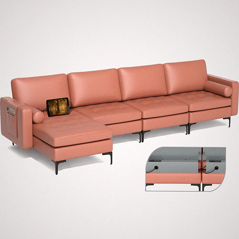 Costway Modular L-shaped Sectional Sofa w/ 4 USB Ports & Reversible Chaise
