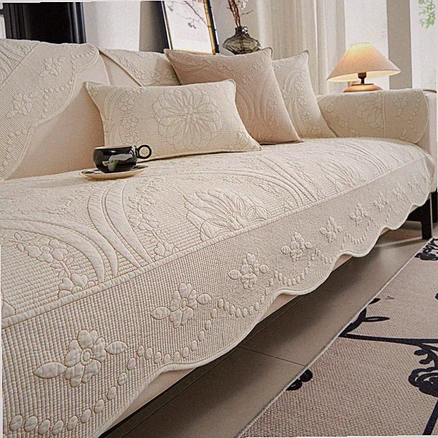 Cotton Quilted Couch Cover Farmhouse Counrty Floral Embroidered Sofa Cover No...