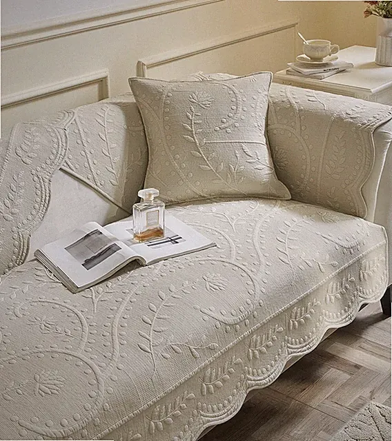 Cotton Quilted Couch Cover Floral Leaves Embroidery Sofa Cover Non Slip Sofa...