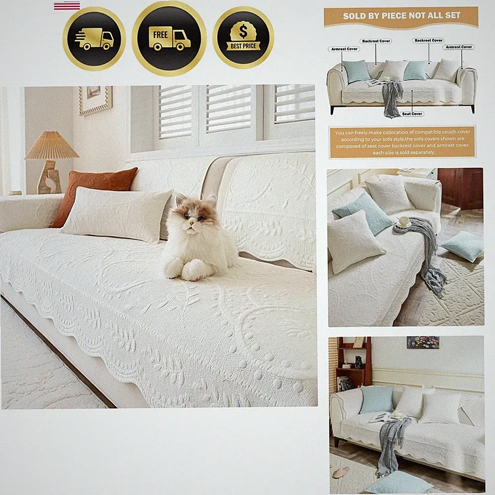 Cotton Quilted Couch Cover for Sofa Sectional Sofa Covers WashableWhite,28"x28"