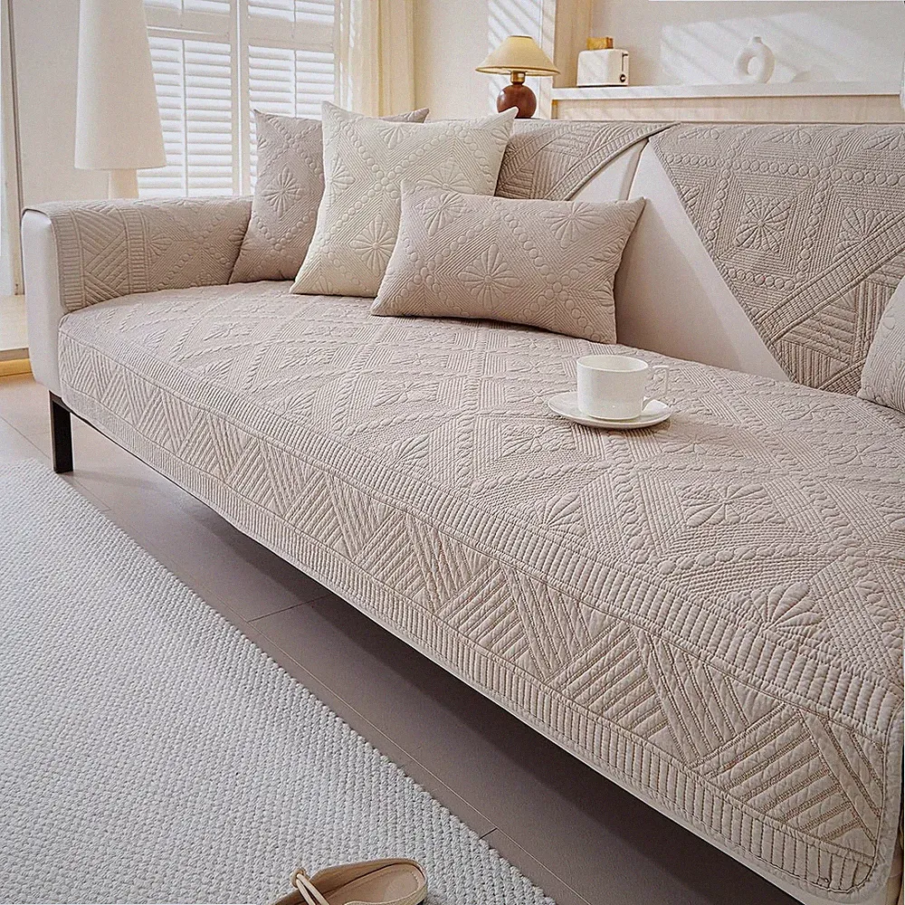 Cotton Quilted Sofa Cover Boho Style Washable Non Slip Sectional Couch Cover