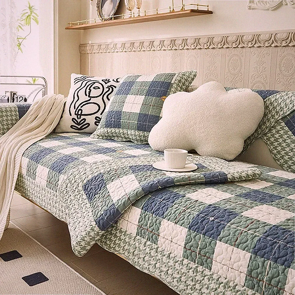 Cotton Quilted Sofa Cover Farmhouse Green Plaid Sectional Couch Covers Non Sl...