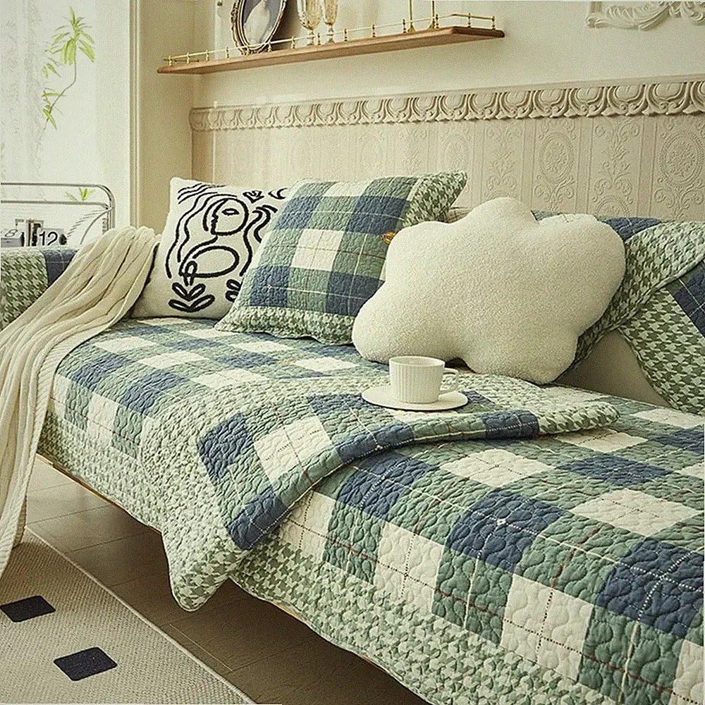 Cotton Quilted Sofa Cover Farmhouse Green Plaid Sectional Couch Covers Non Sl...