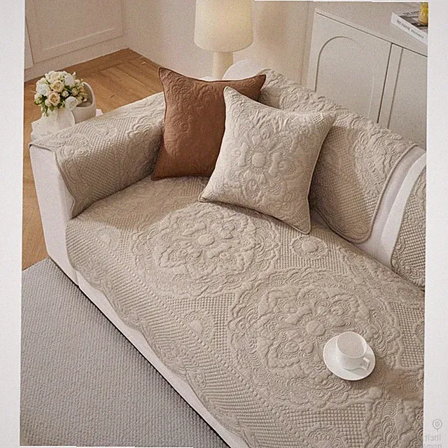 Cotton Sofa Cover 28x28 Floral Embroidered Quilted Anti-Slip Furniture Protector
