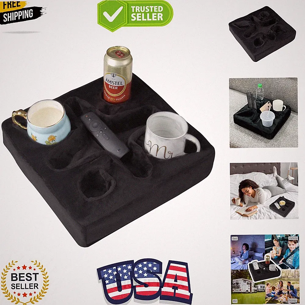 Couch and Bed Cup Holder Pillow, Sofa Refreshment Tray for Drinks/Remote Cont...